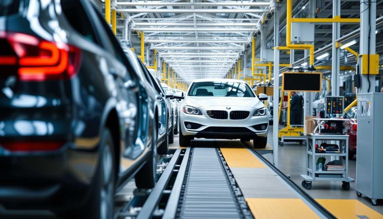 在汽車工廠的輸送線上裝配汽車。在輸送線上裝配汽車